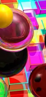 Vibrant 3D spheres on colorful geometric background.