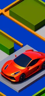 3D illustration of a red sports car on a colorful geometric background.