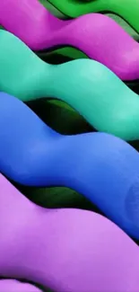 Colorful 3D wave pattern wallpaper with green, blue, and purple tones.