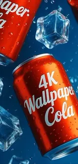 4K wallpaper with cola cans and ice cubes on blue background