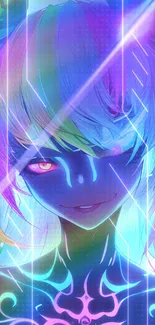 Colorful abstract anime wallpaper with neon lights and a fantasy character.