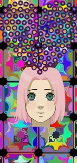 Anime character with pink hair and colorful abstract background.