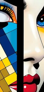 Abstract geometric face design with vibrant colors.