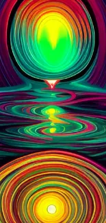 Vibrant abstract wallpaper with glowing orbs and swirls in neon colors.