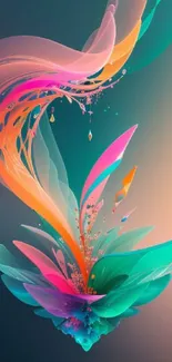 Vibrant abstract artwork with swirling colors in teal, pink, and orange hues.