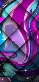 Colorful abstract mobile wallpaper with pink, blue, and purple swirls.