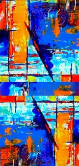 Vibrant abstract art with blue and orange geometric shapes.