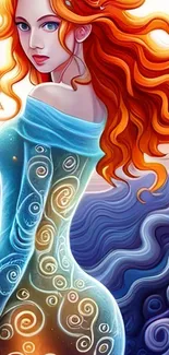 Vibrant wallpaper featuring a figure with fiery red hair on an abstract background.