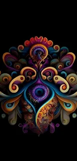 Colorful abstract art design on black mobile wallpaper.