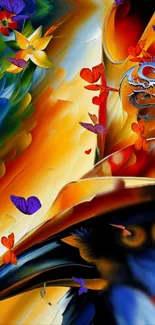 Vibrant abstract art wallpaper with colorful feathers and mystical elements.