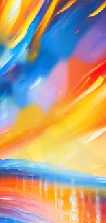 Vibrant abstract mobile wallpaper with blue, orange, and yellow hues.