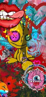 Vibrant abstract art mobile wallpaper with graffiti and cartoon characters.