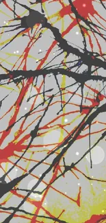 Vibrant abstract art wallpaper with red, yellow, and black splashes.