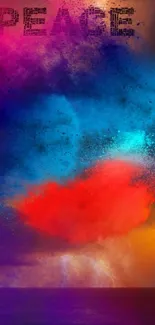 Vibrant abstract art with blue and red colors and 'Peace' text on mobile wallpaper.