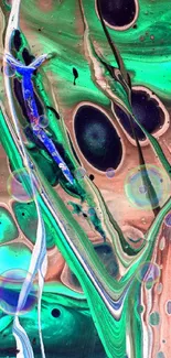 Vibrant abstract art wallpaper with green and blue swirls.