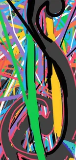 Vibrant abstract art with colorful lines and a black swirl.