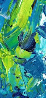 Vibrant abstract wallpaper with blue and green brush strokes.