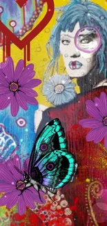 Vibrant abstract art wallpaper with a woman's portrait and colorful flowers.