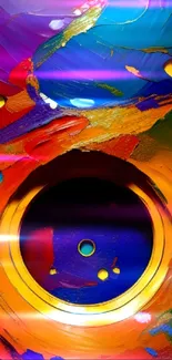 Vibrant abstract art wallpaper with bold colors and dynamic circular design.