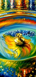 Colorful abstract art wallpaper with gold center.