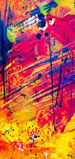 Vibrant abstract art wallpaper with splashes of yellow, pink, and blue brushstrokes.