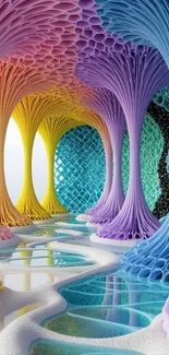 Vibrant and colorful abstract art with fantasy trees and reflections.