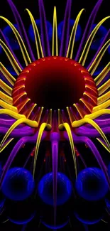 Vibrant abstract art wallpaper with colorful, radial design and neon elements.