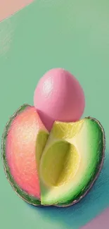 Colorful abstract avocado with a pink seed on a mint green background.