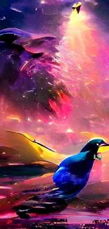 Vibrant abstract artwork featuring colorful birds in motion.