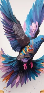 Abstract colorful bird with vibrant paper feathers flying.