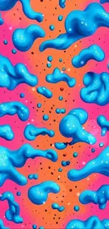 Vibrant abstract wallpaper with blue bubbles on orange-pink background.