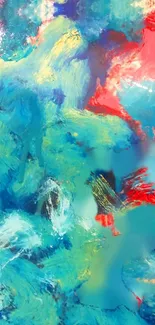 Vibrant abstract wallpaper with teal, blue, and red brush strokes.