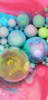 Vibrant abstract bubble art with pink and blue swirls.