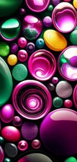 Vibrant abstract bubble art wallpaper with pink, purple, and green hues.