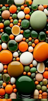 Vibrant abstract bubble art with green, orange, and white colors.