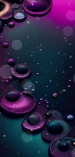 Vibrant abstract mobile wallpaper with purple and teal bubbles.