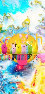 Vibrant abstract wallpaper with colorful bunnies.