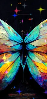 Colorful abstract butterfly art with vibrant, luminous wings on a dark background.