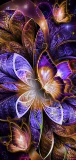 Vibrant abstract butterfly wallpaper with purple, gold, and leaf details.