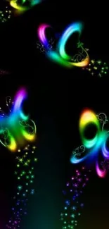 Colorful neon butterfly wallpaper with star trails.