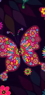 Vibrant abstract butterfly with colorful floral motifs on dark background.