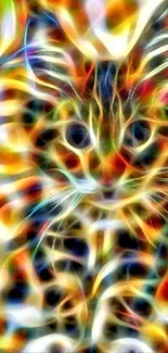 Vibrant abstract cat art with colorful swirling patterns.