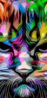 Vivid abstract artwork of a colorful cat face.