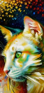 Abstract painting of a colorful cat with vibrant hues of blue, orange, and yellow.