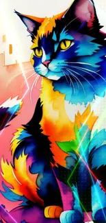 Vibrantly colored abstract cat art wallpaper featuring bold blue tones.