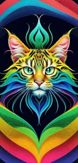 Vibrant abstract cat wallpaper with colorful patterns.