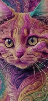 Psychedelic cat wallpaper with vibrant swirls and purple tones.