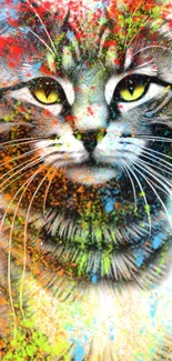 Vibrant abstract cat with colorful paint splashes