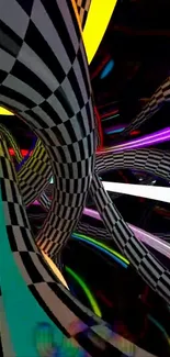 Vibrant checkered tubes in abstract design.