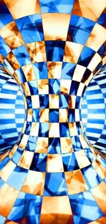 Abstract checkered vortex in blue and orange hues.